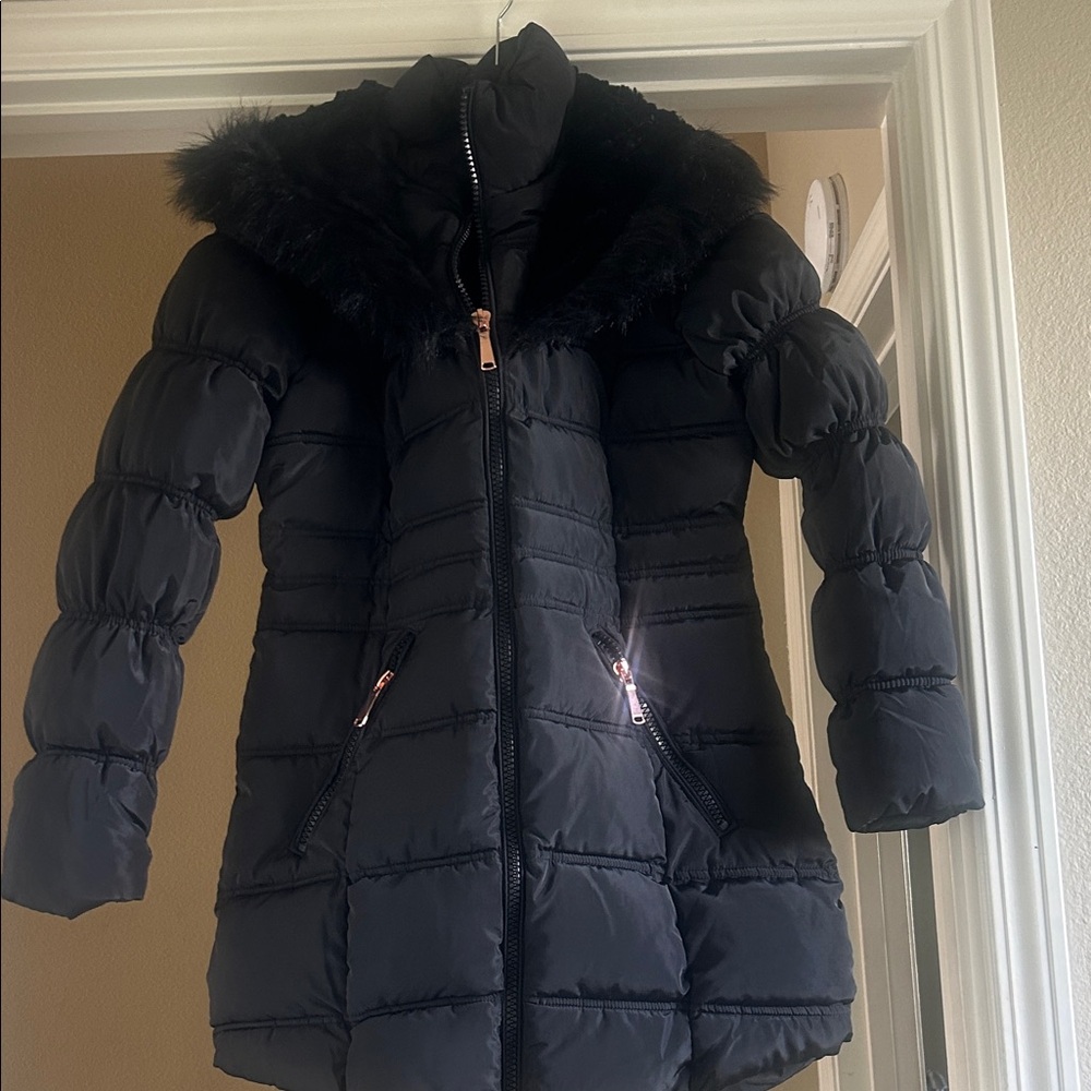 Women's Black Puffer Jacket with Faux Fur Hood